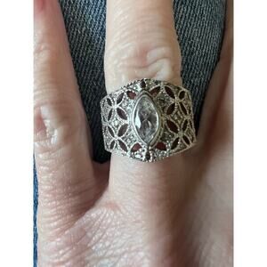 Vintage 925 Sterling Silver Filigree Band Ring Marquise CZ Statement Size 5.25